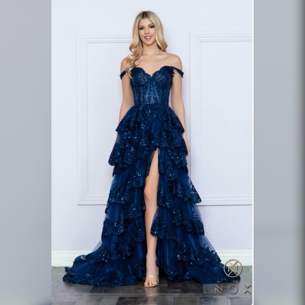 Navy Blue A Line Ball Gown Tiered Ruffle Sparkly Bustier Corset Prom Dress
